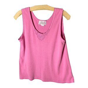 Kleid's Pink cotton V-neck tank with lace styling -one size